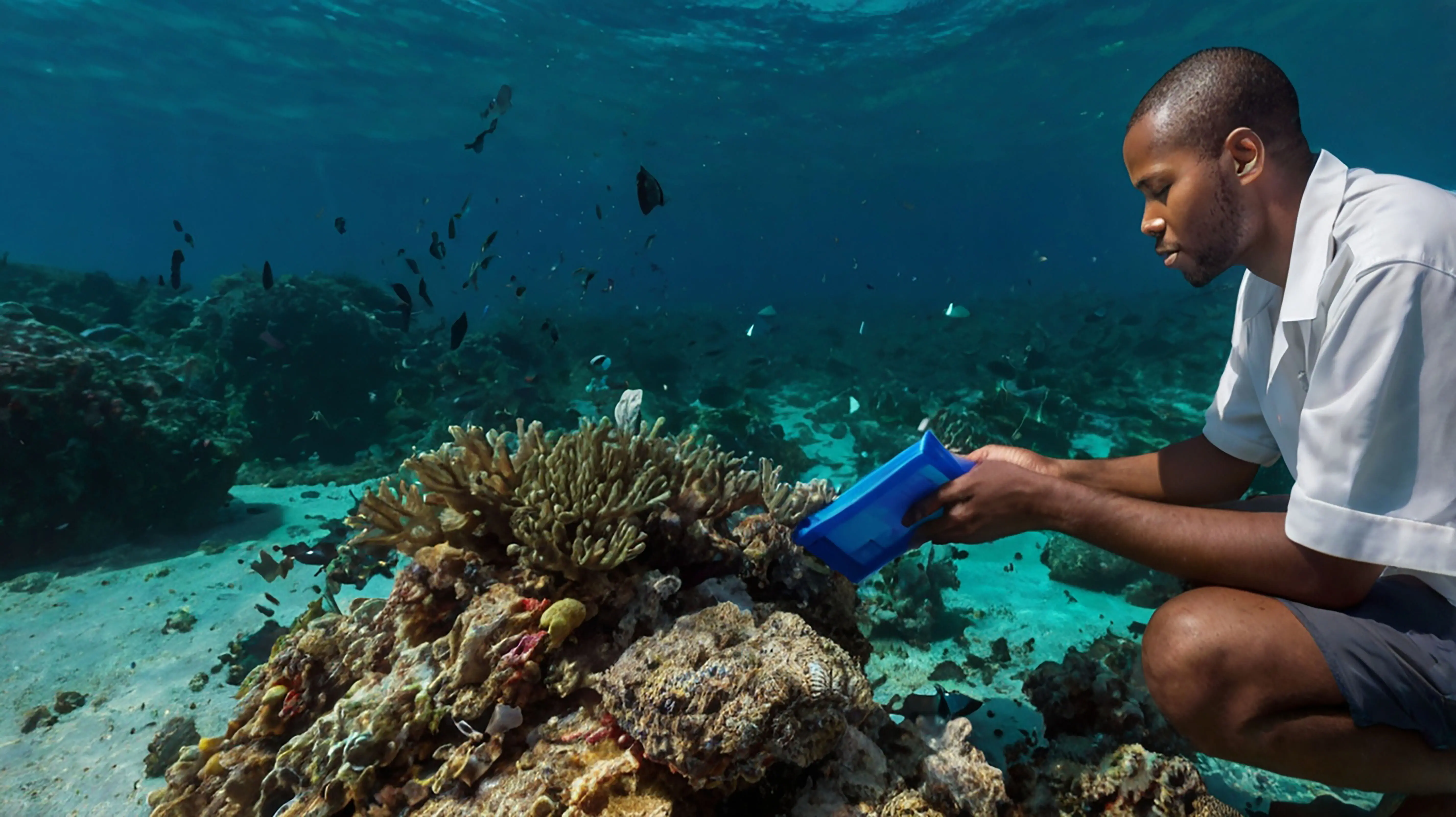 Ein Junge hält einen blauen Behälter mit der Aufschrift 