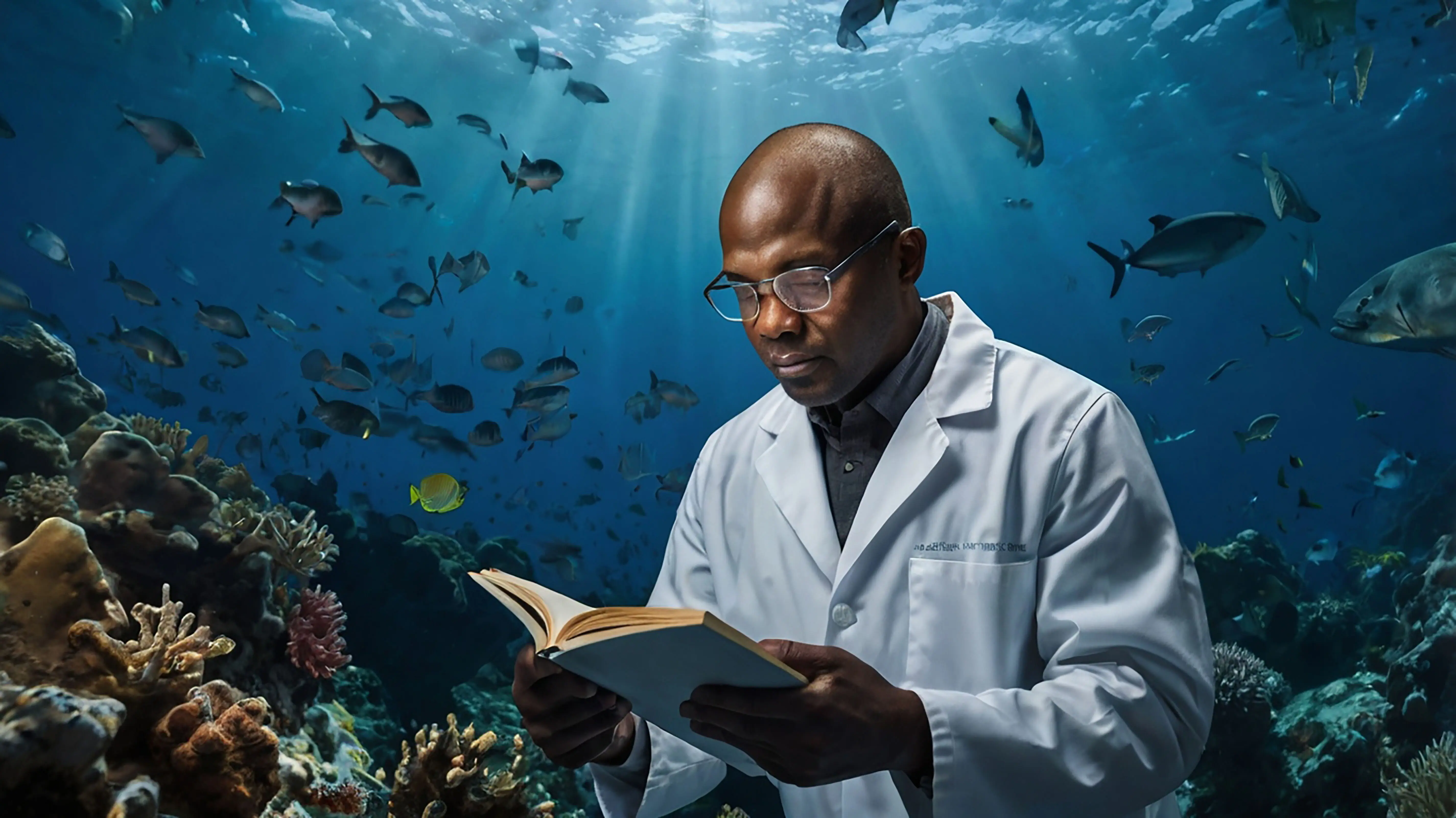 Ein Wissenschaftler liest ein Buch unter einem Korallenriff, während Fische vorbeischwimmen.